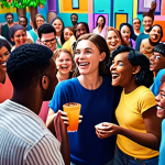 ** A group of diverse people joyfully interacting within a vibrant, colorful virtual world. Focus on showcasing a sense of community, inclusivity, and fun activities like games and social events.

**